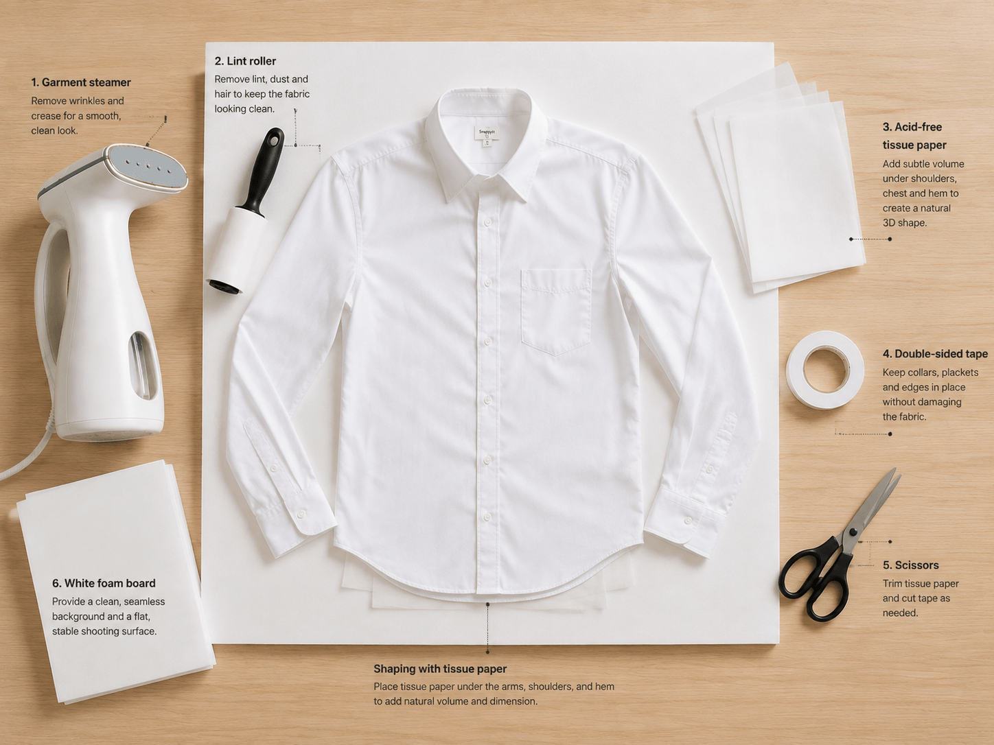 Flat lay prep kit with steamer, lint roller, tissue, tape, scissors, and foam board