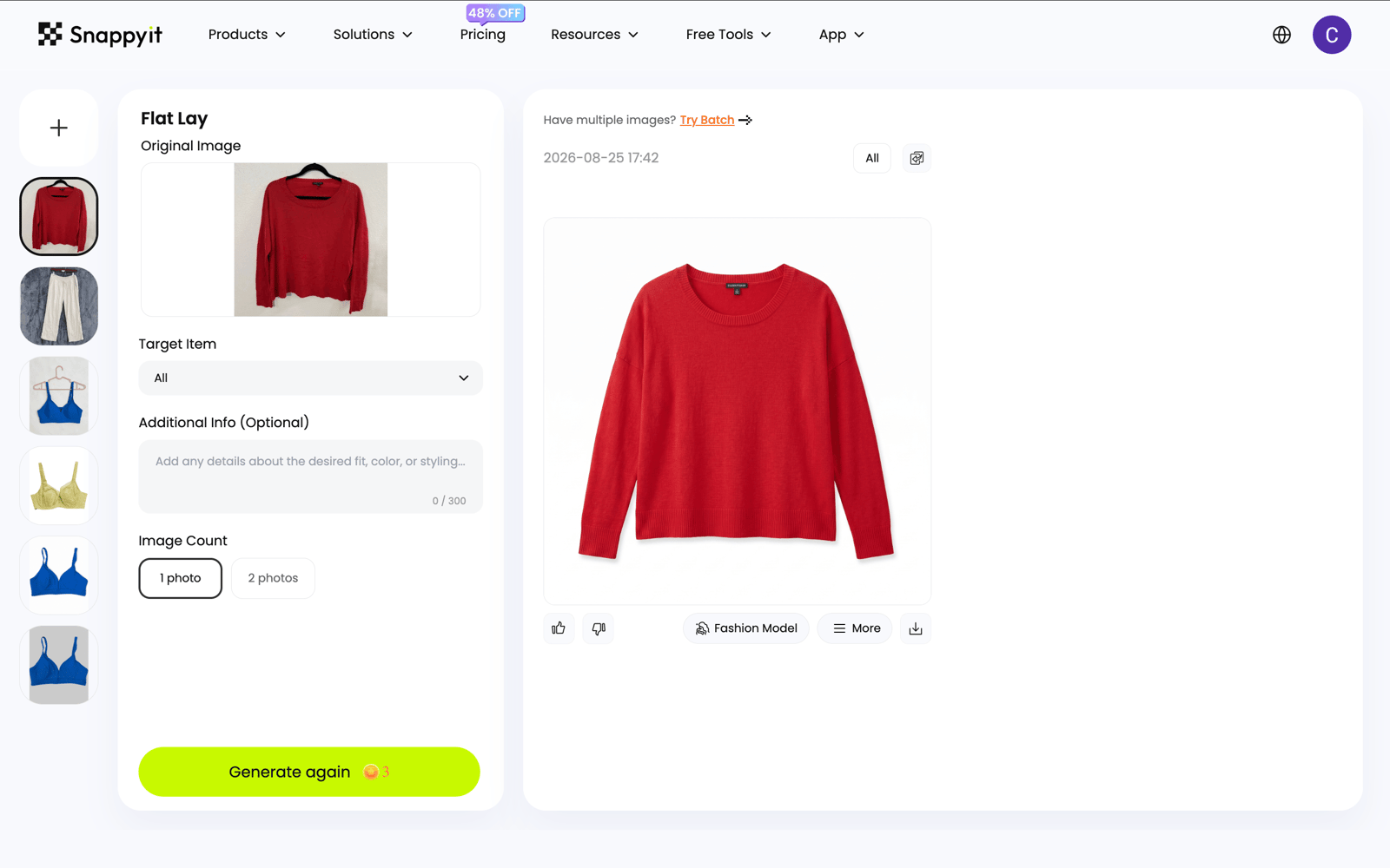 Snappyit AI Flat Lay workspace with garment input and generated result