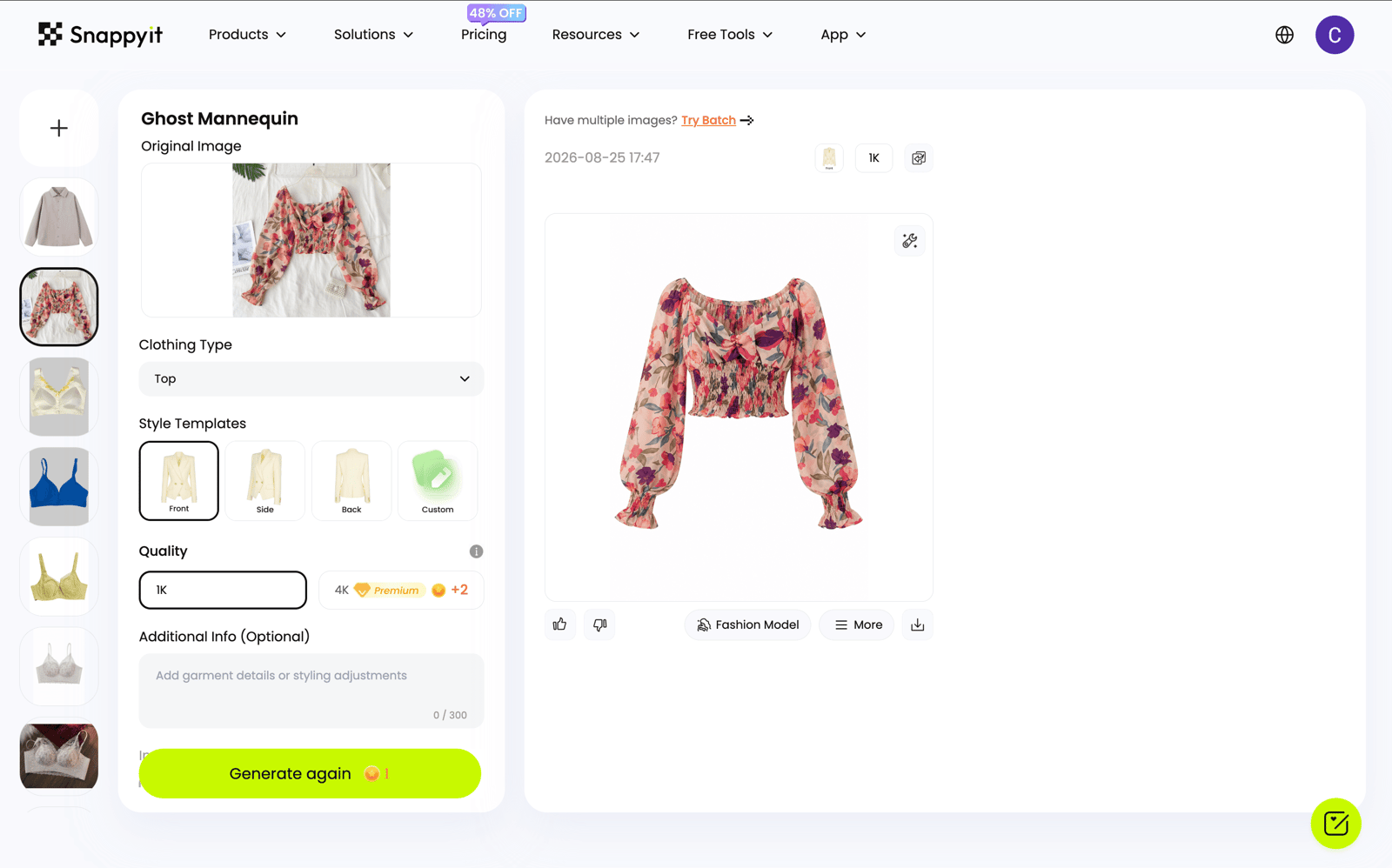 Snappyit Ghost Mannequin workspace with garment and style controls