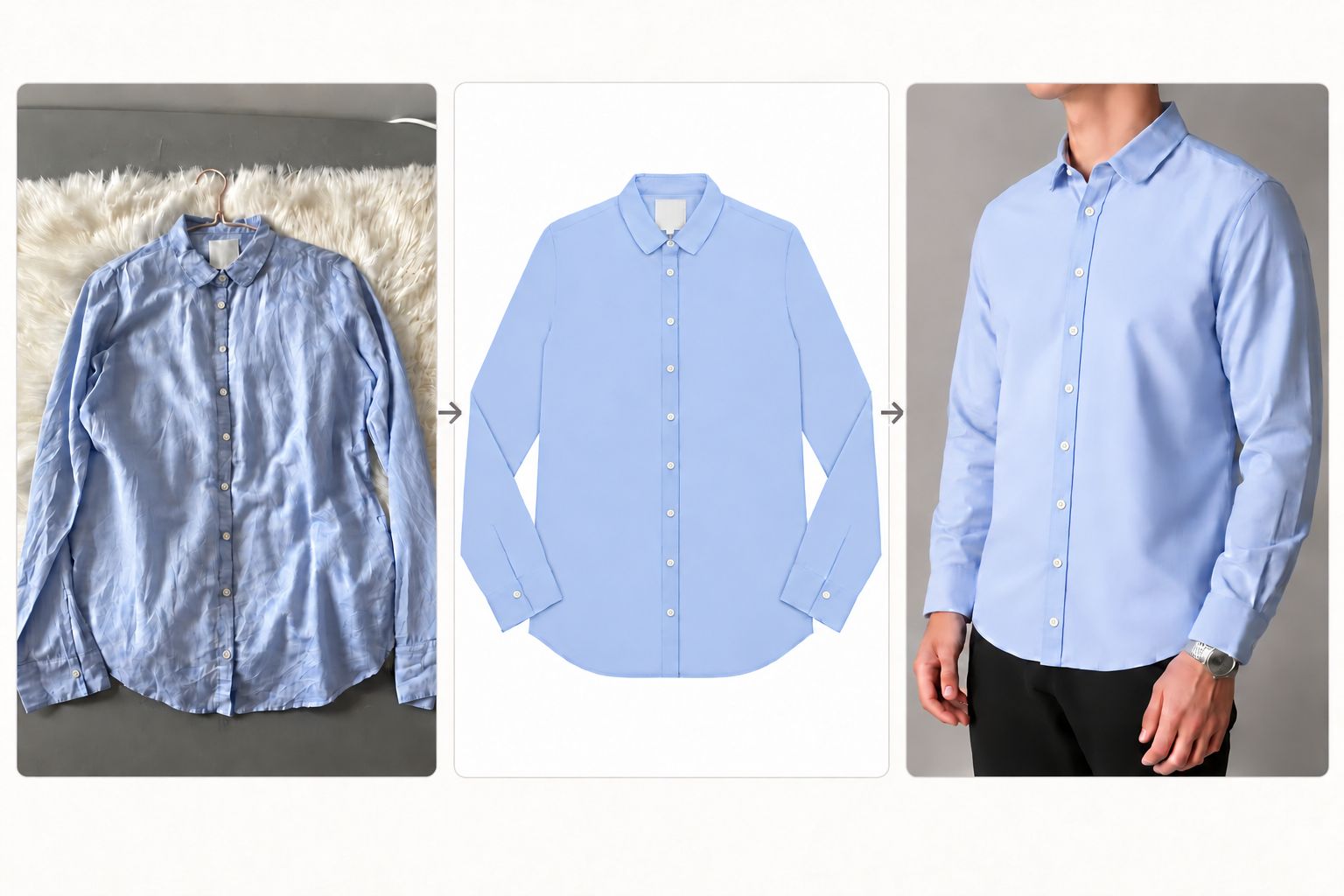 Blue shirt shown as an original photo, AI flat lay, and AI fashion model image