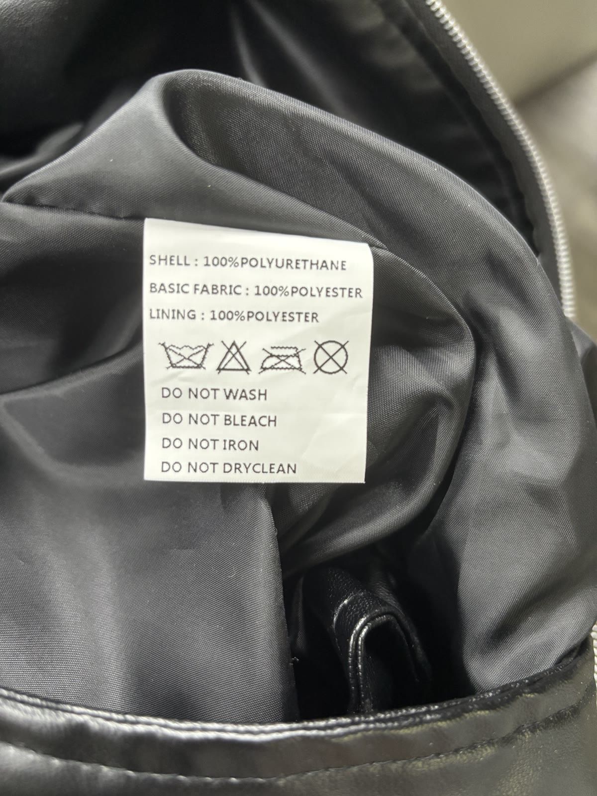 Close-up of the leather jacket care label
