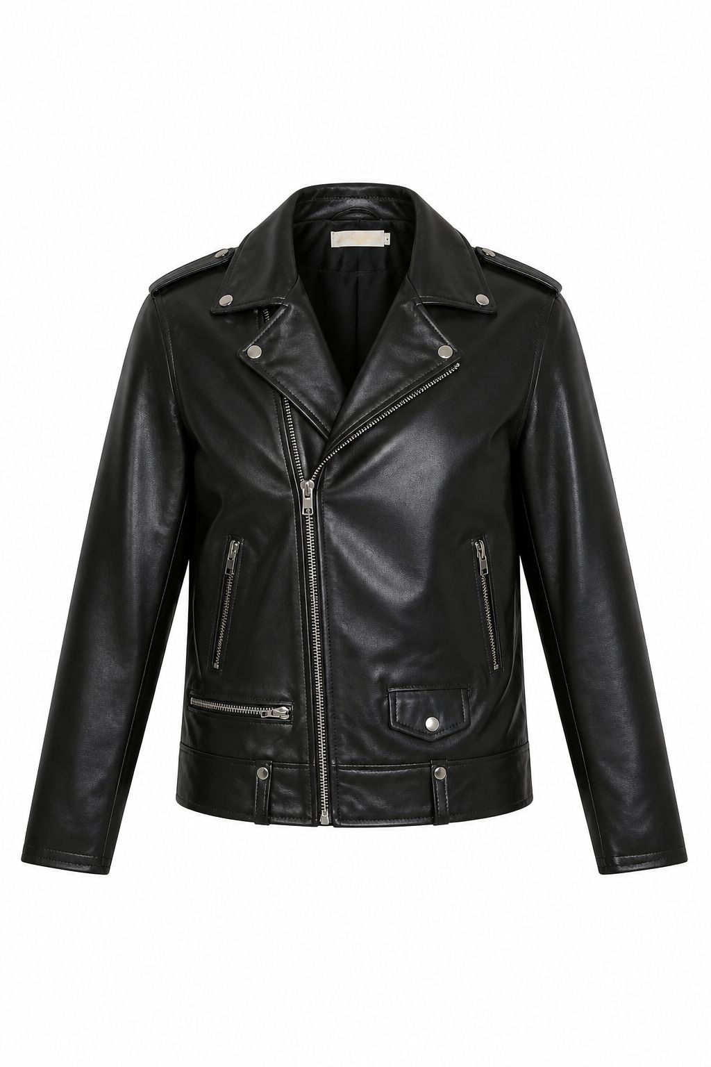Black leather jacket shown as a clean product image