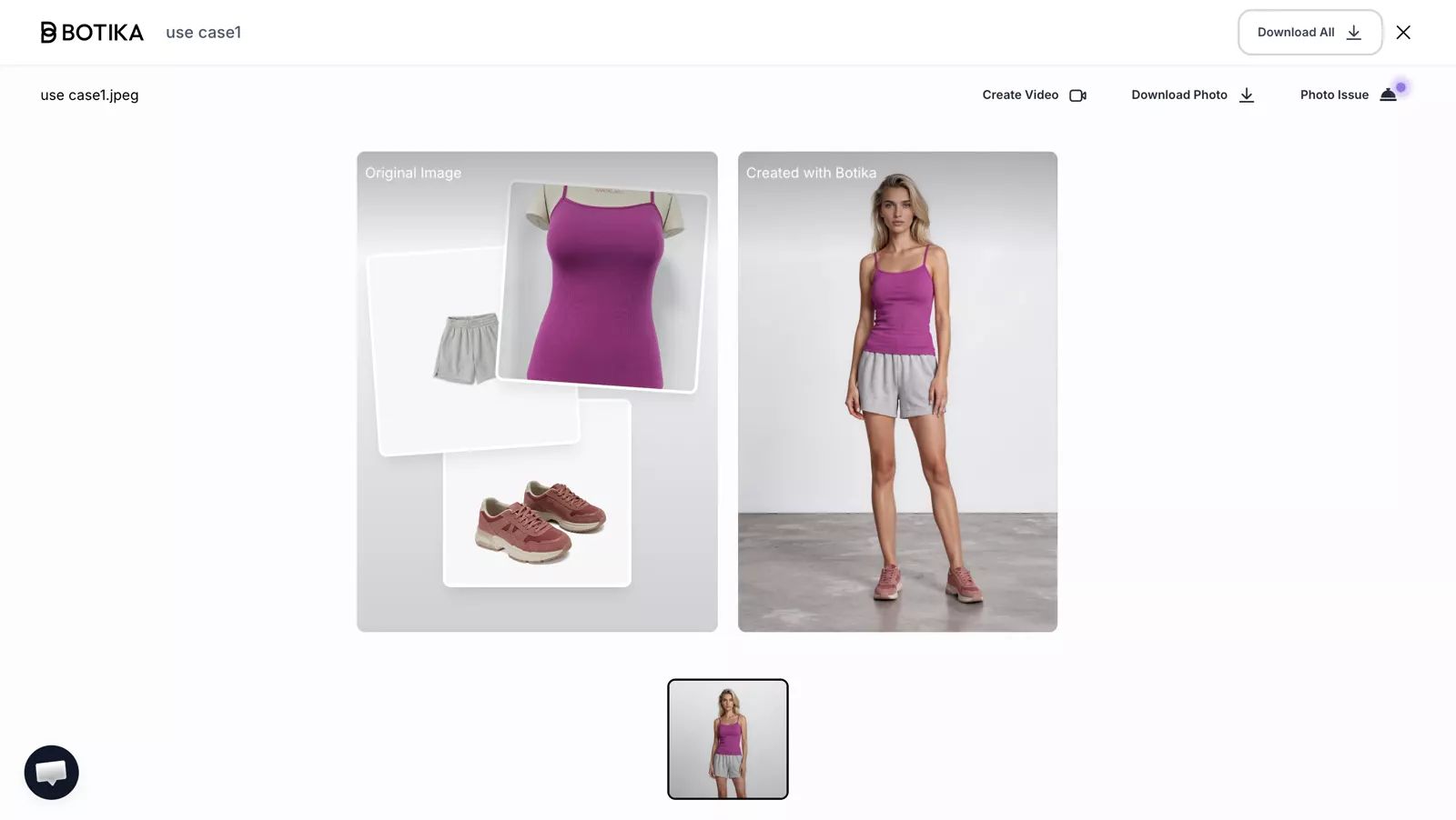 Botika AI fashion model workspace with a styled outfit built around the supplied top