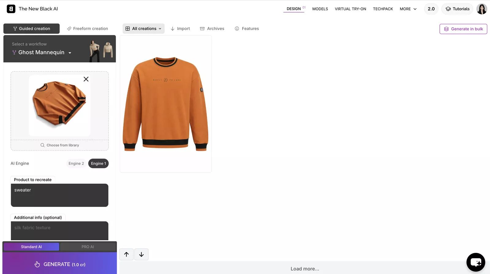 The New Black ghost mannequin workspace with generated garment silhouettes
