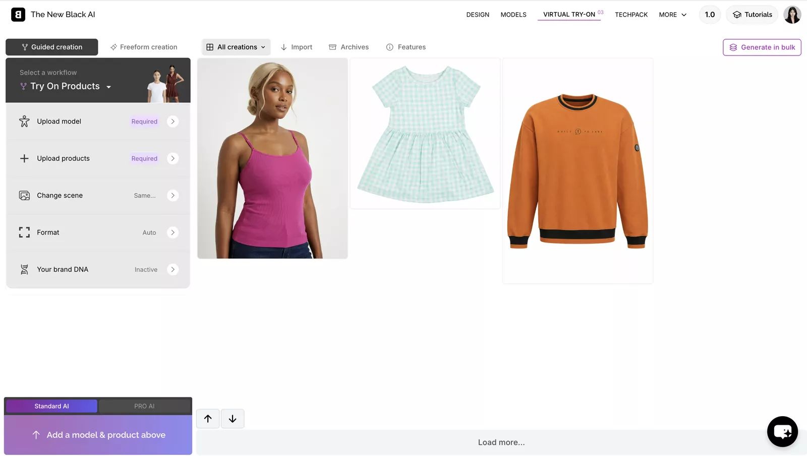 The New Black AI fashion model workspace with styled model result