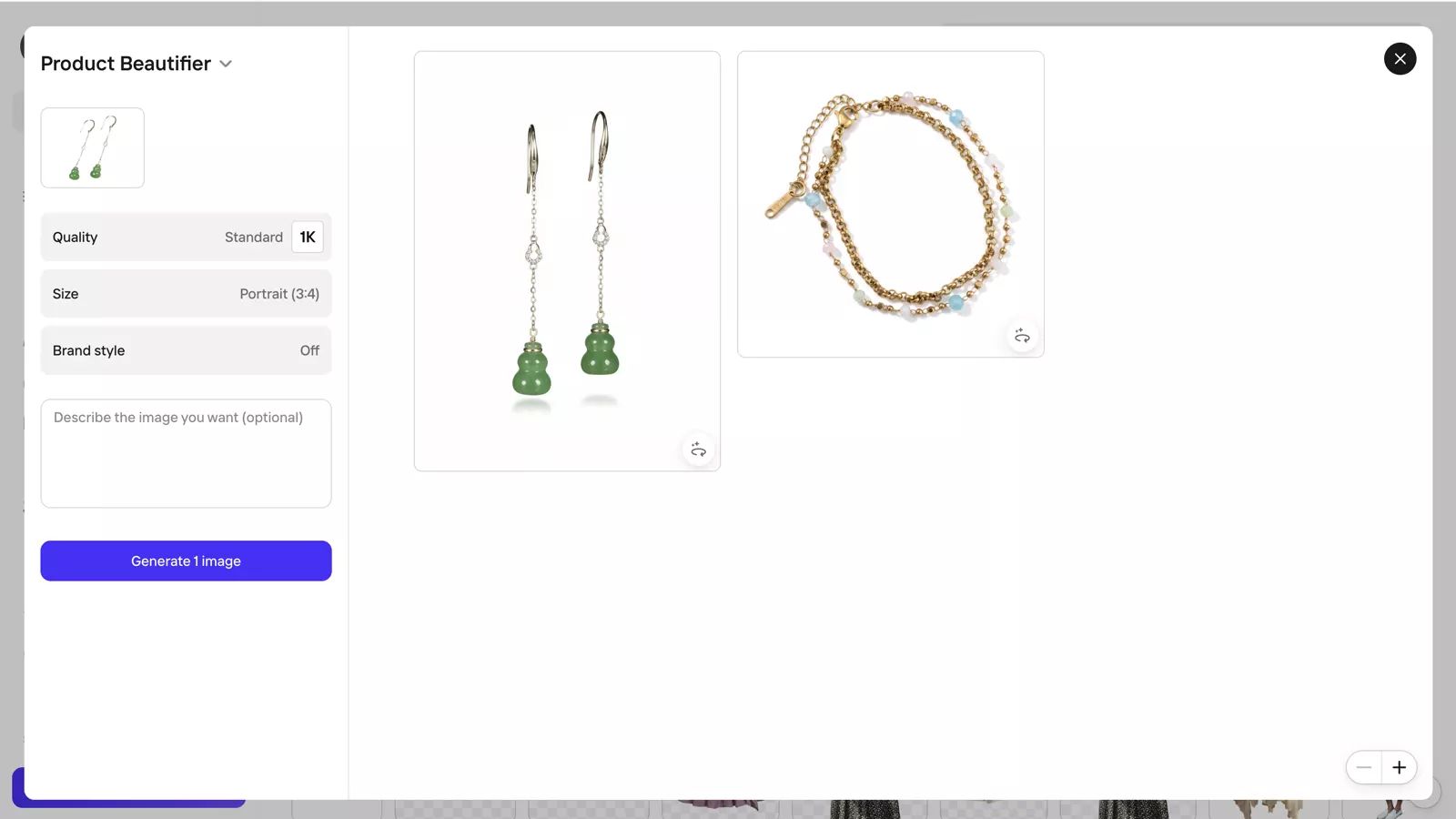 Photoroom Product Beautifier result for green earrings on white background