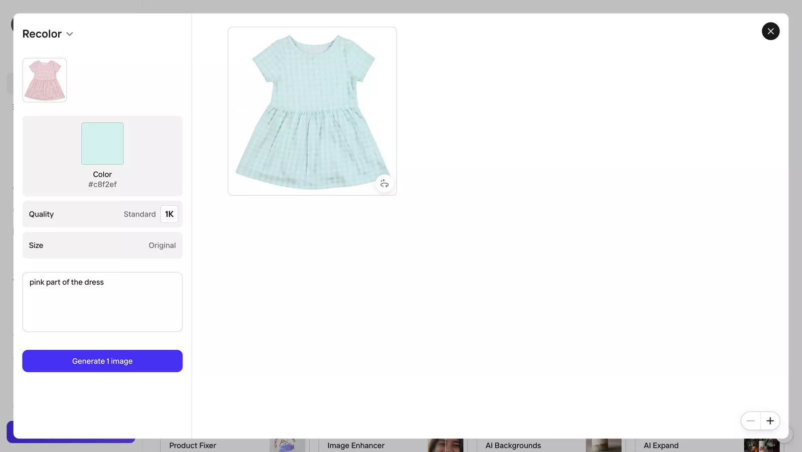 Photoroom product recolor workspace showing plaid garment color result