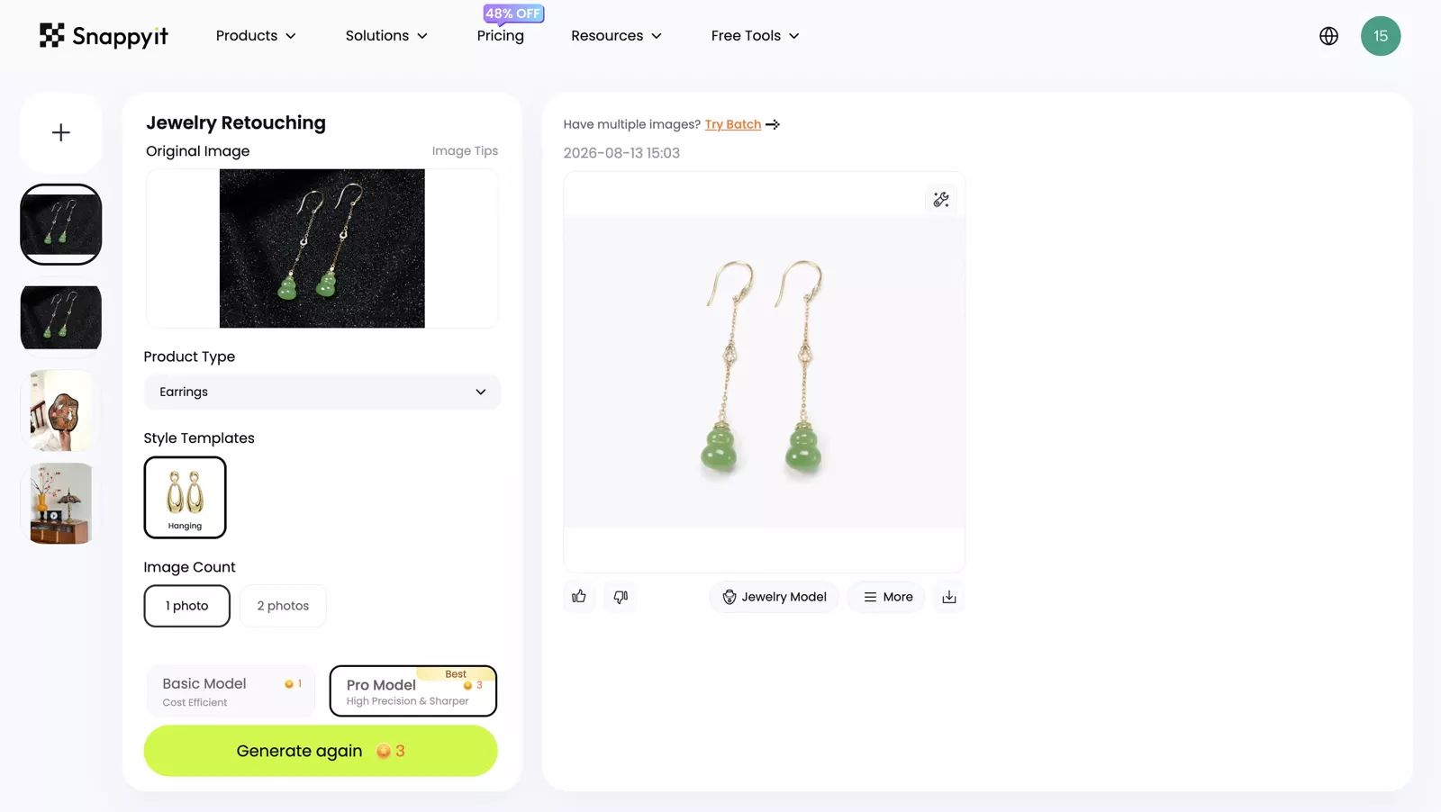 Snappyit Jewelry Retouch workspace with green earrings and clean catalog result