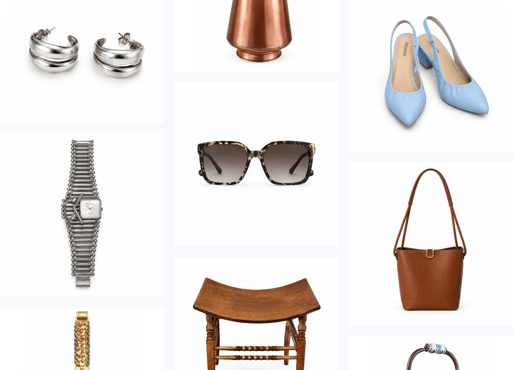 Studio-style product photos of accessories, footwear, furniture, and a handbag