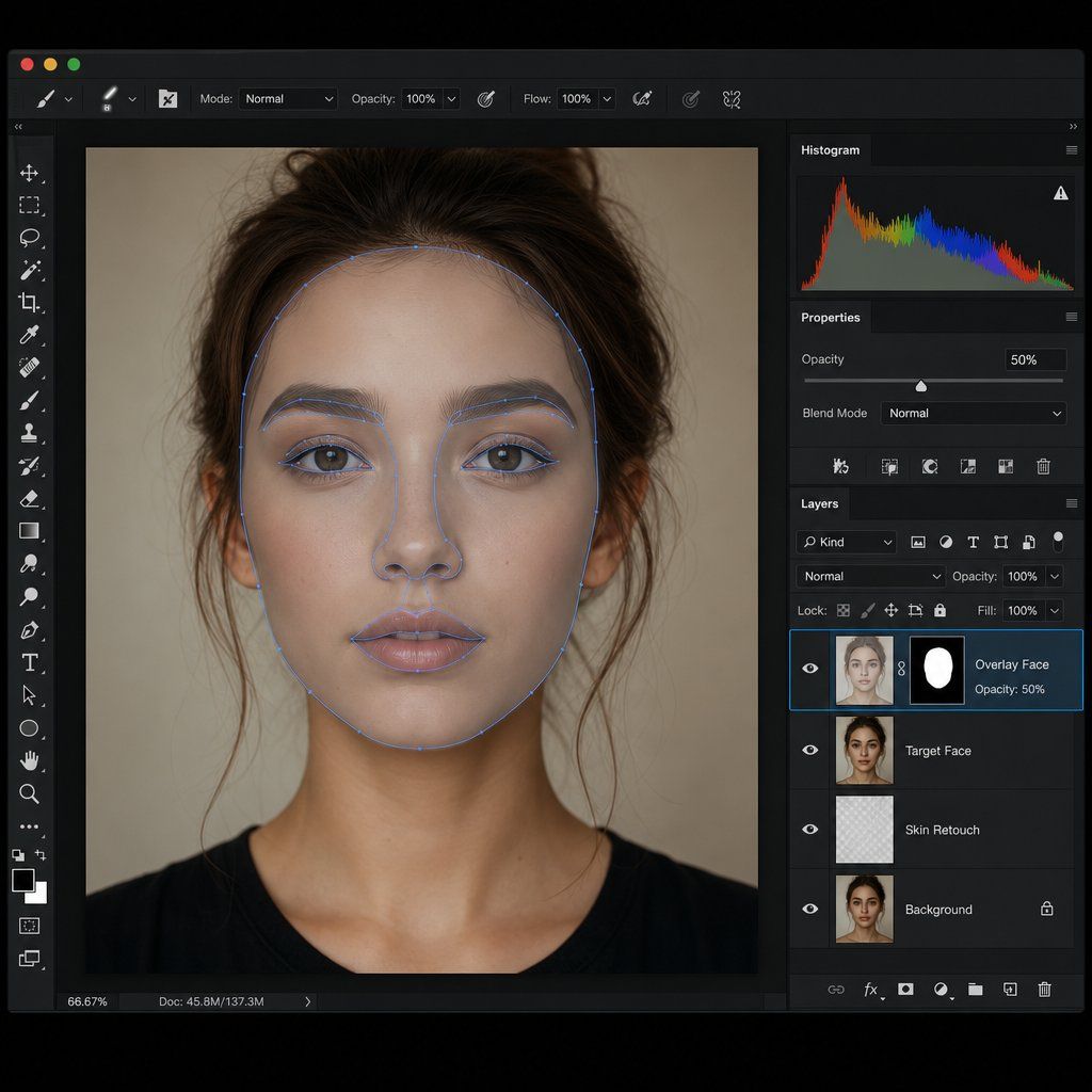 Aligning a source face layer at reduced opacity over the target using Free Transform in Photoshop