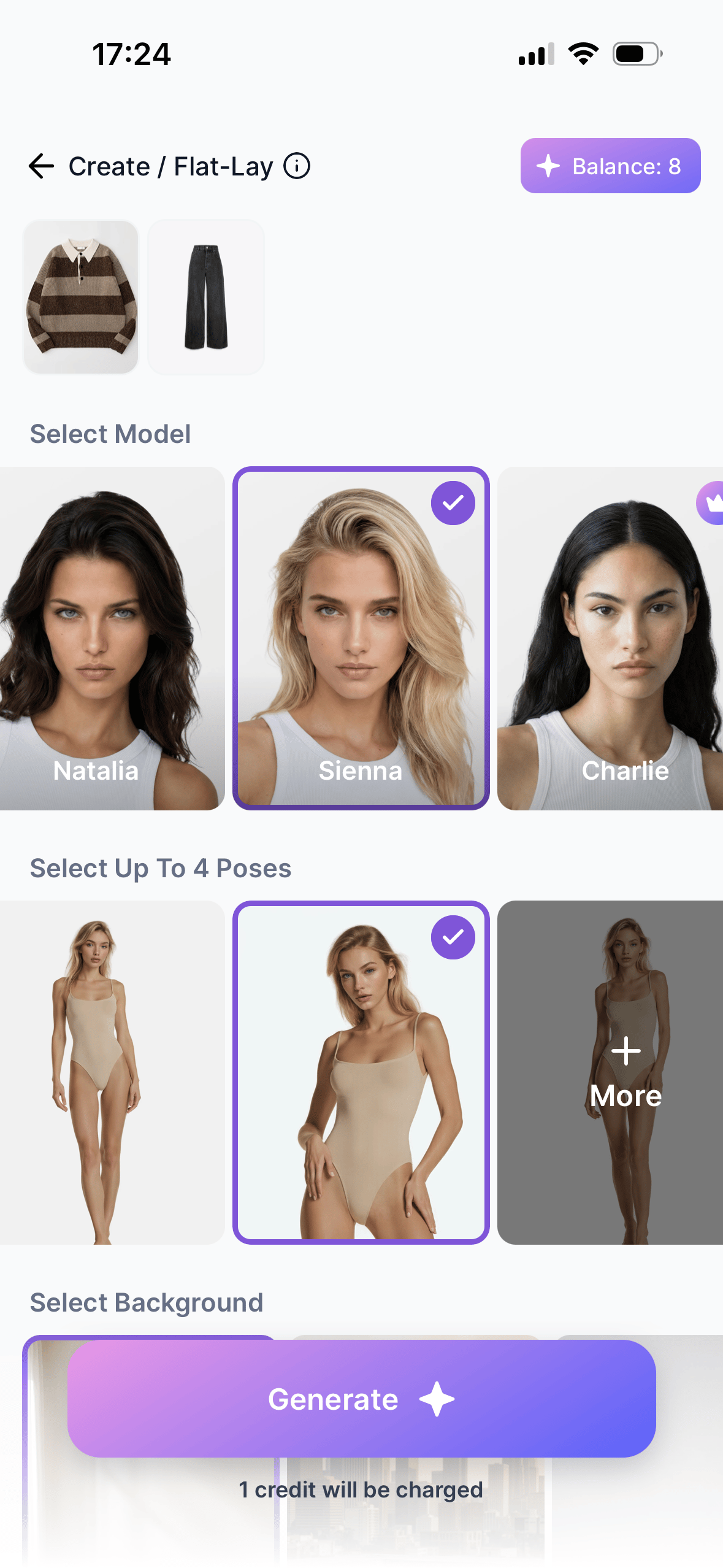 Botika garment workflow with model pose and background controls