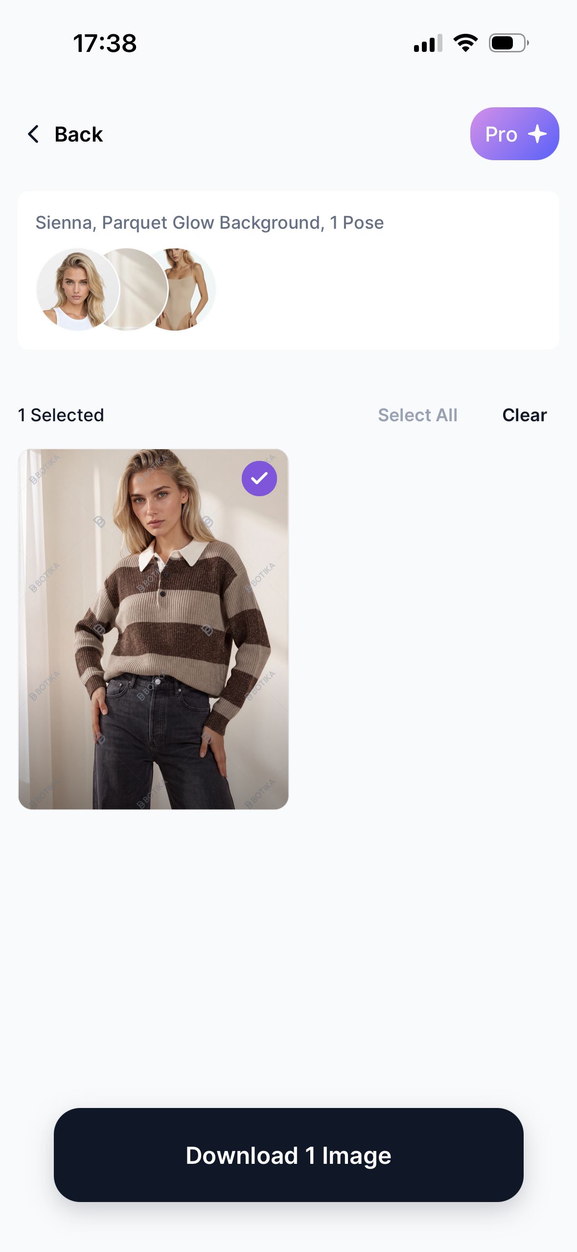 Botika generated fashion model result and download screen