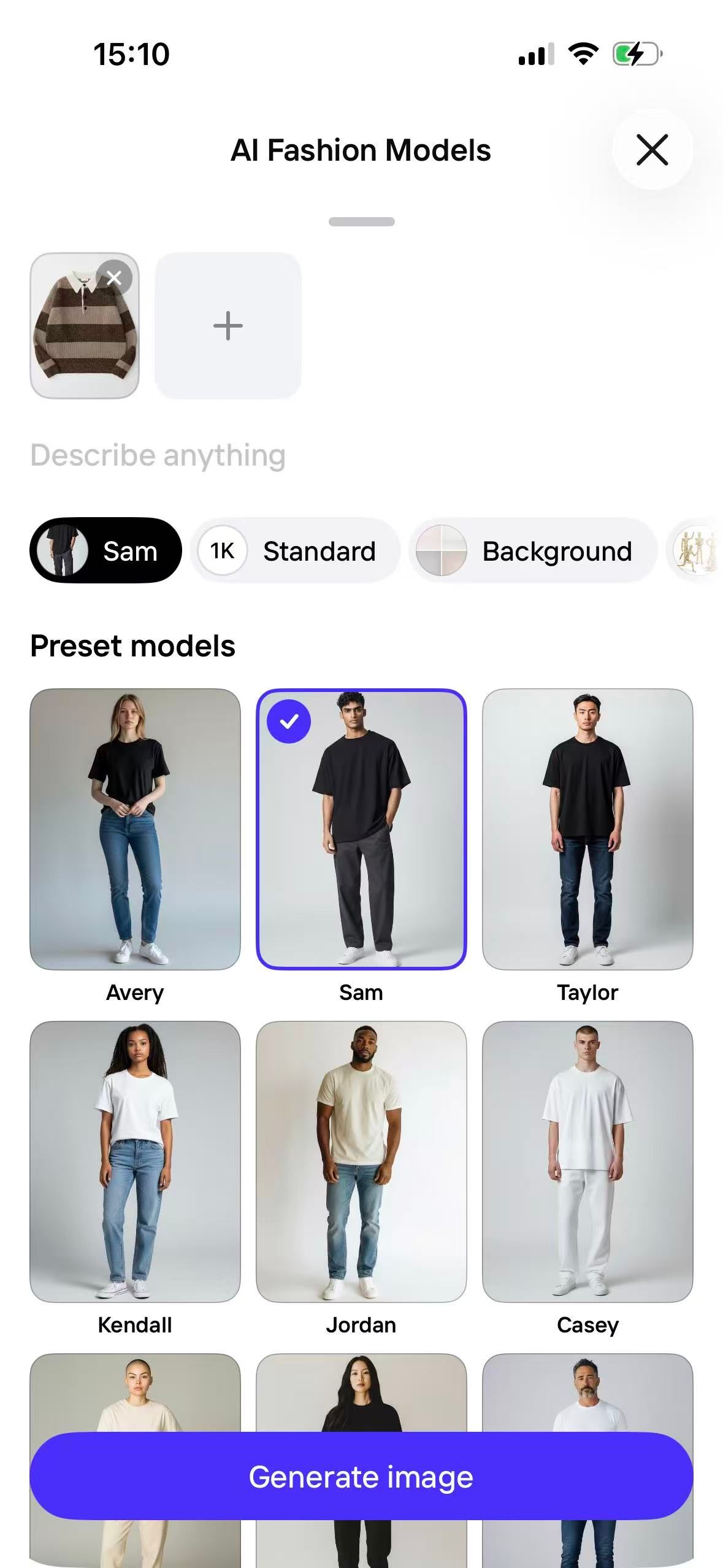 Photoroom AI Fashion Models setup screen with preset model choices