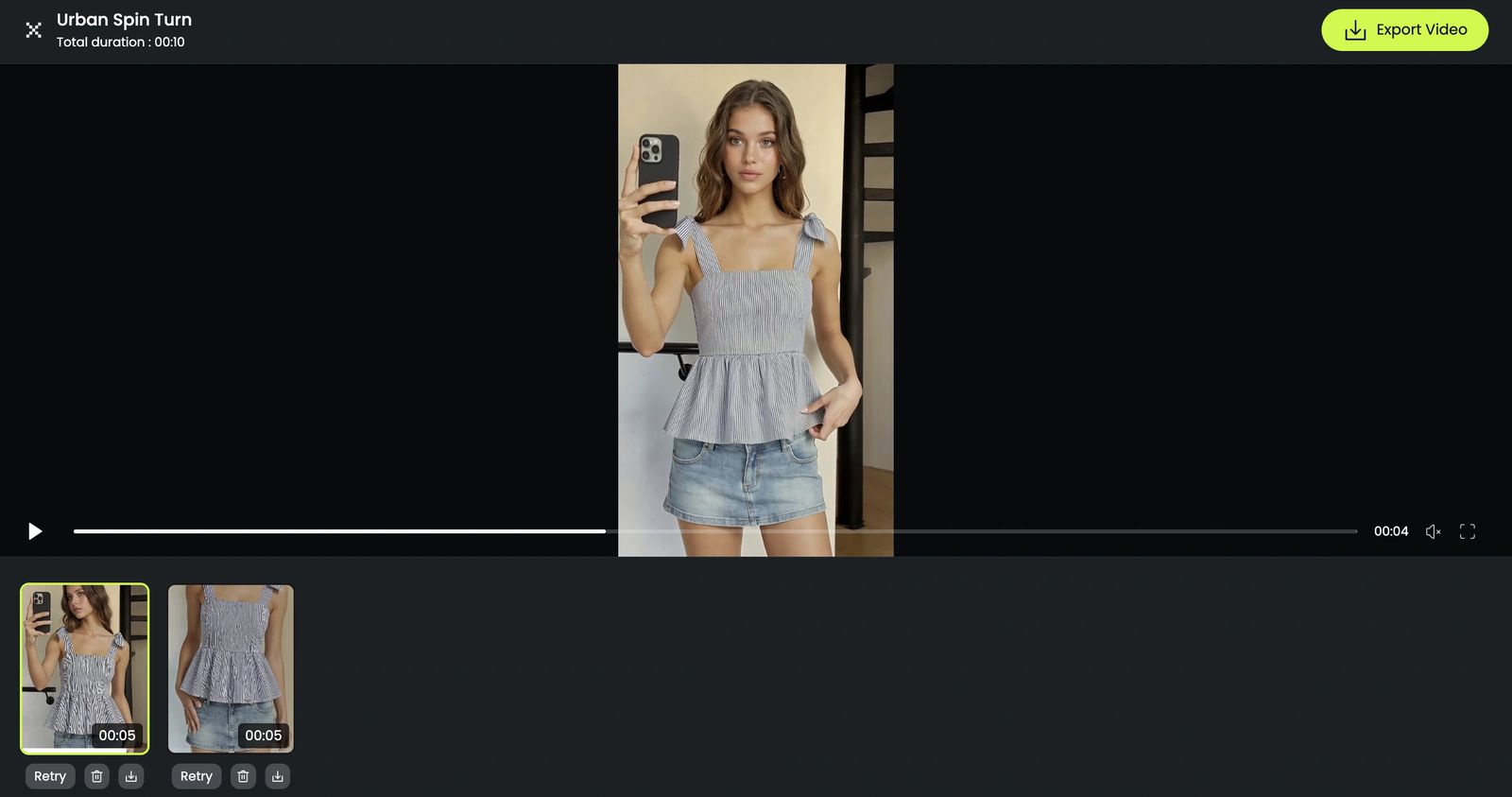 Clip editor showing the striped-top video and two editable segments