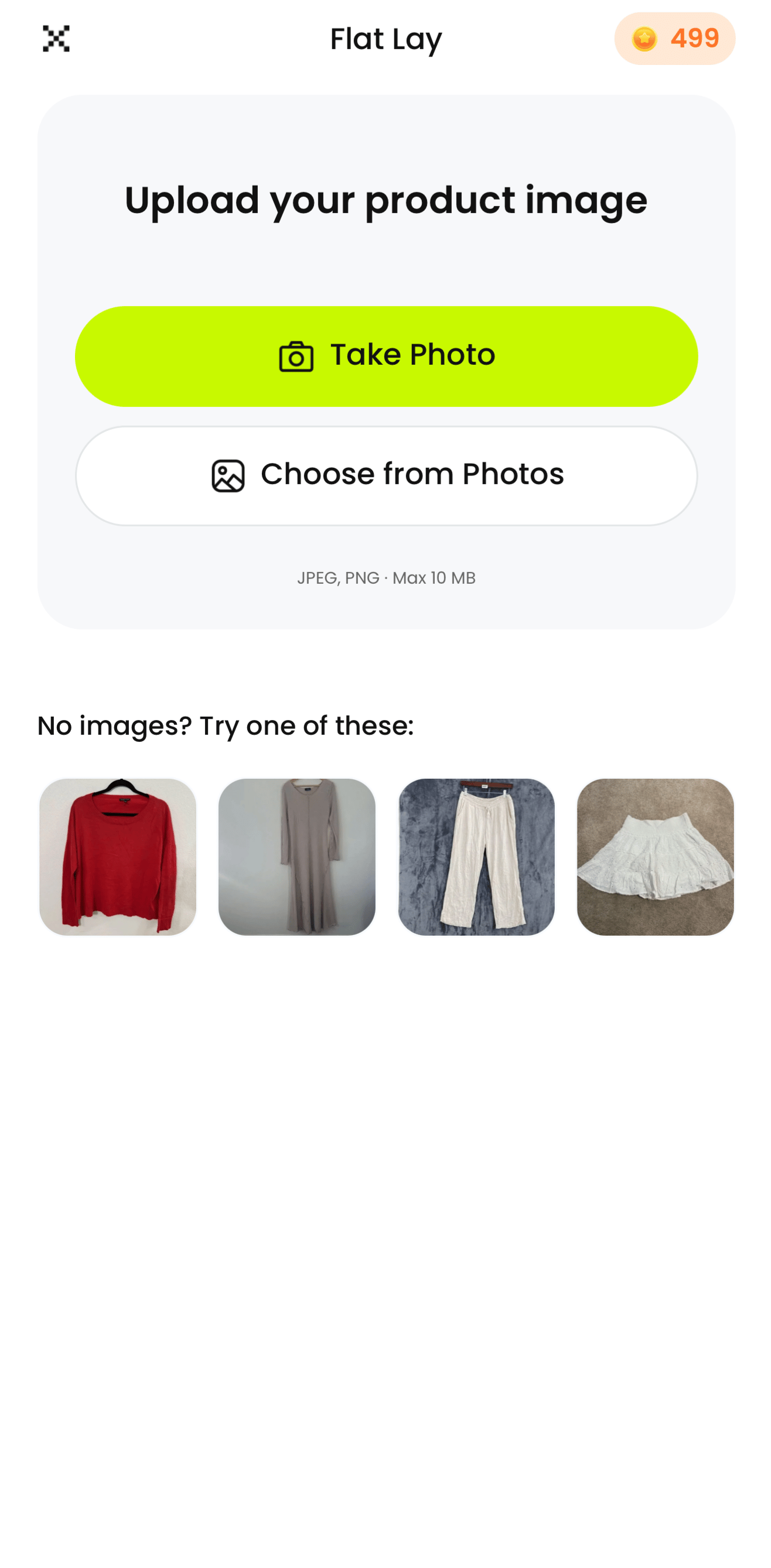 Snappyit Flat Lay upload screen with Take Photo and Choose from Photos options