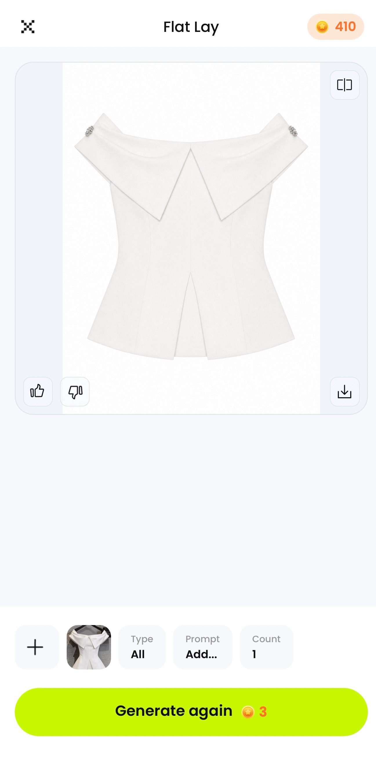 Flat Lay result screen showing the white off-shoulder peplum top and its matching source thumbnail