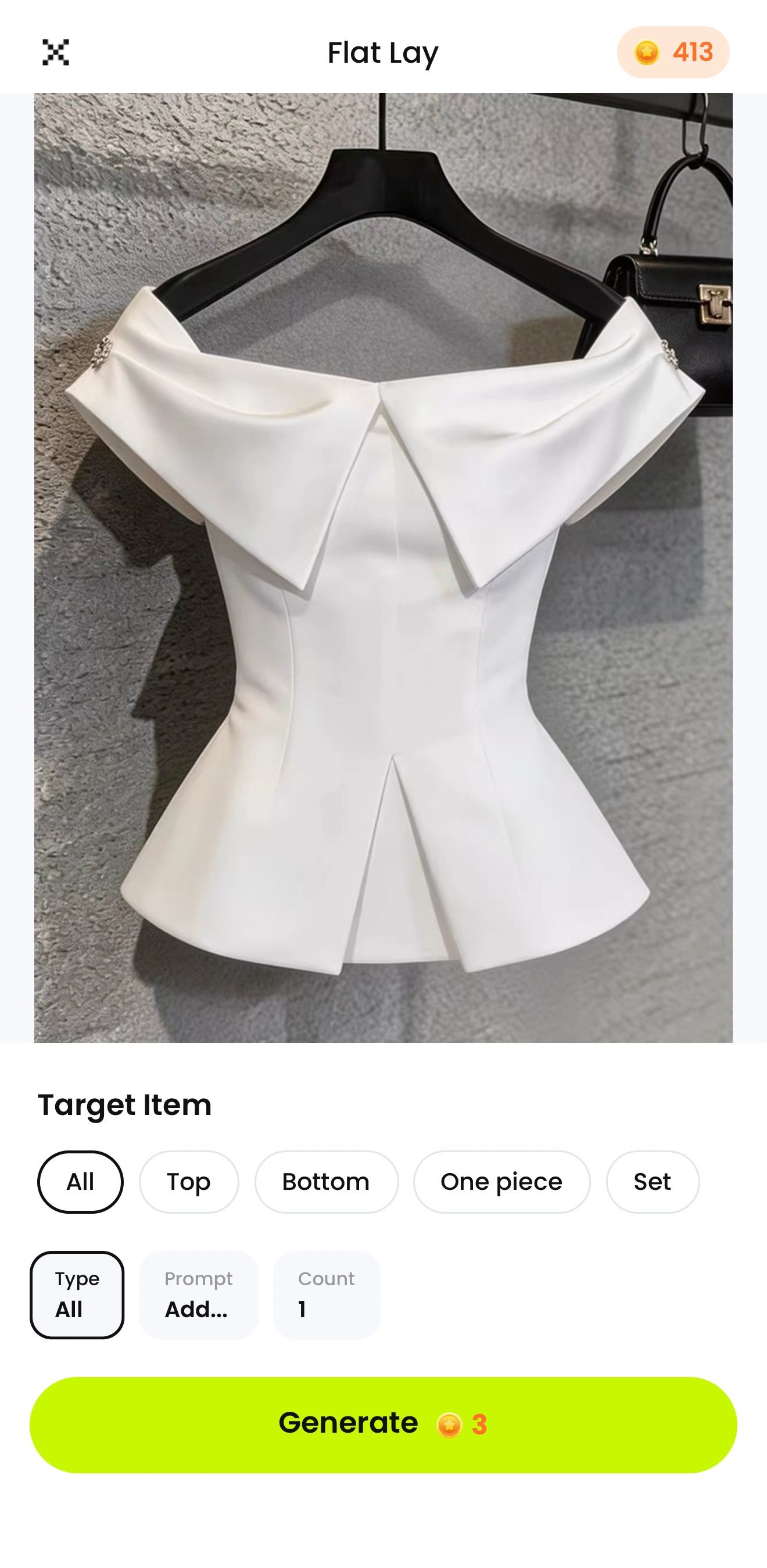 Flat Lay workspace showing a white off-shoulder peplum top, All selected, Prompt blank, and Count 1
