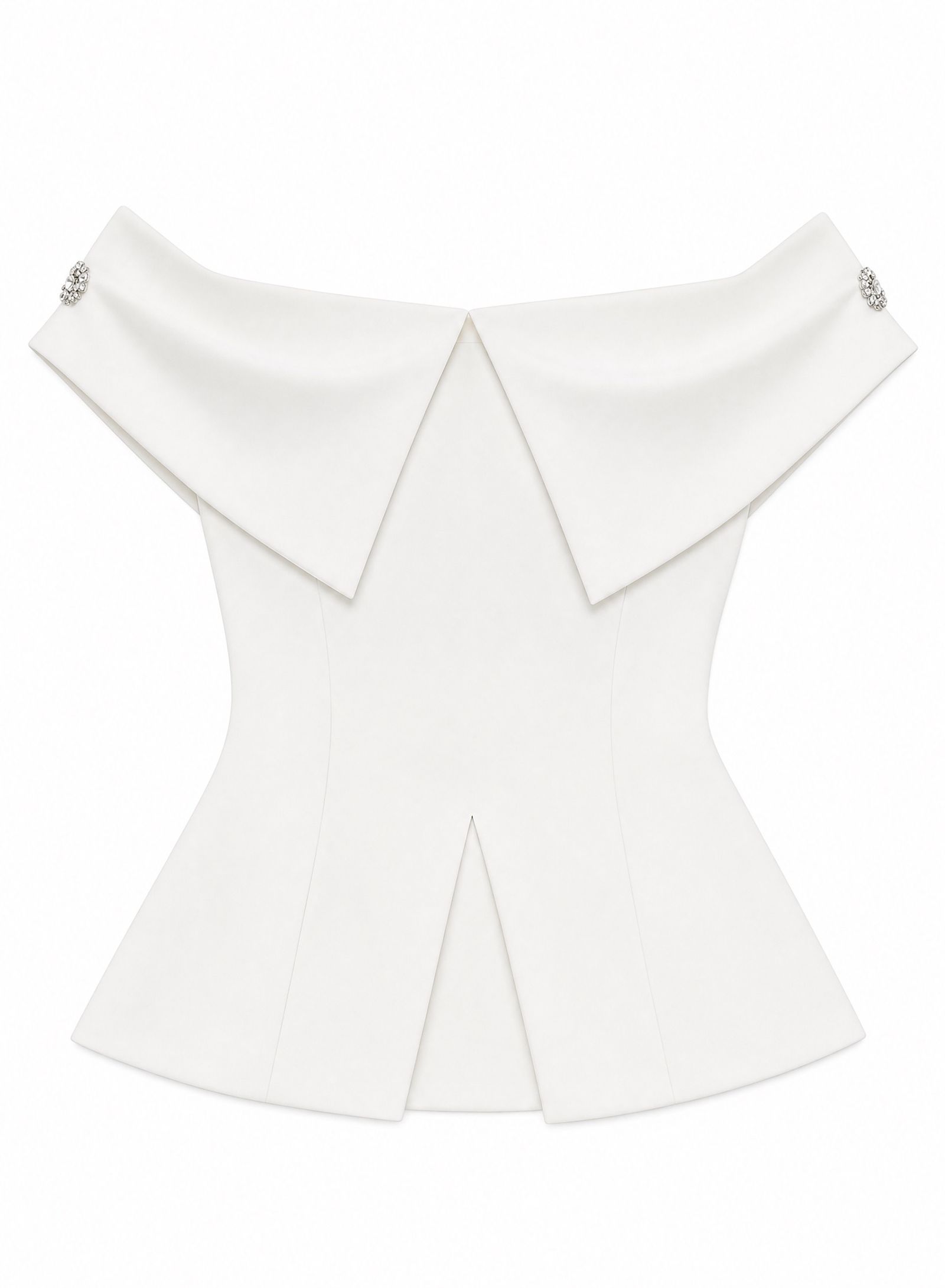Generated flat lay of a white off-shoulder peplum top with folded collar panels, decorative fasteners, and a split front hem