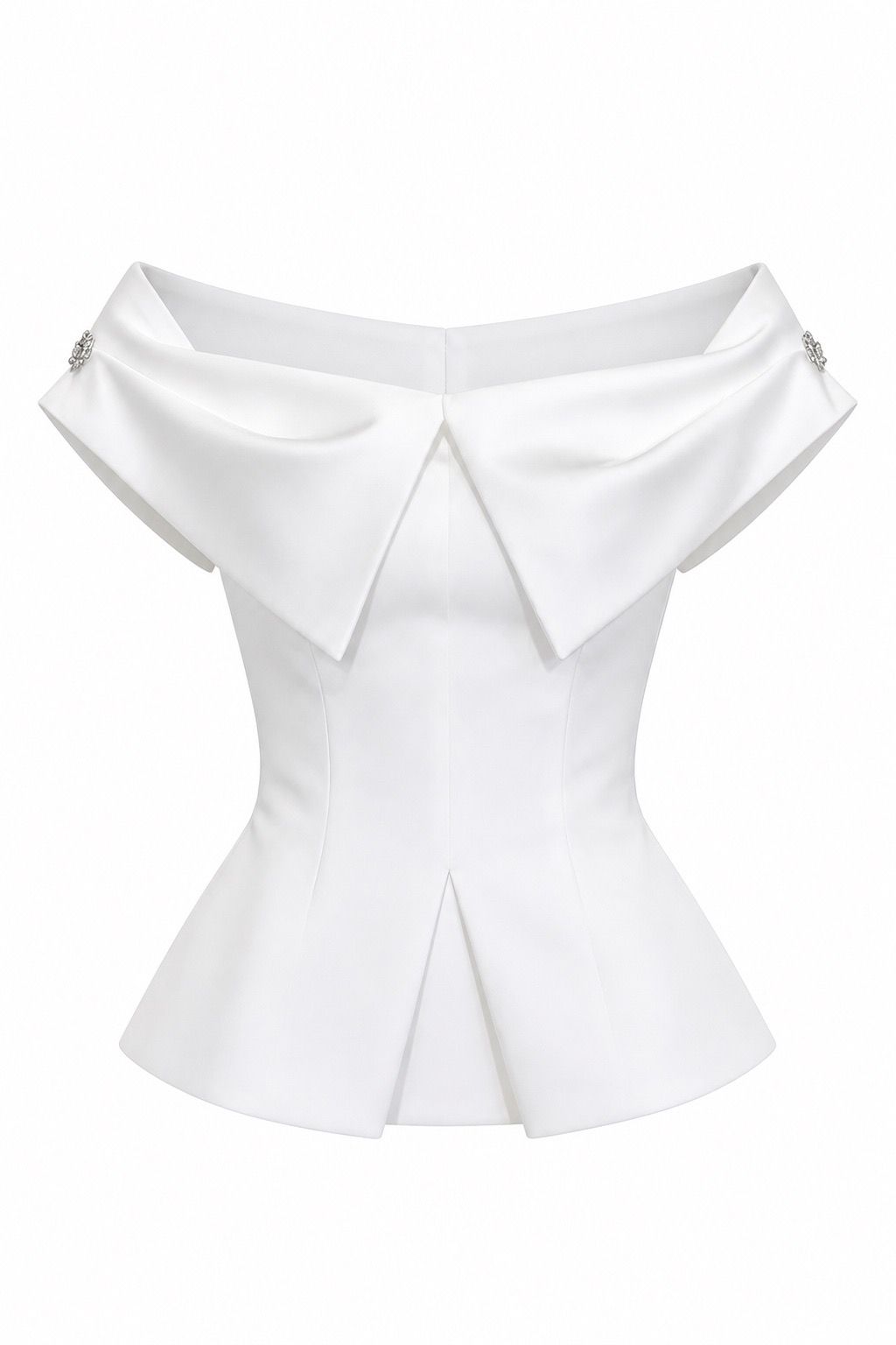 White off-shoulder peplum top in a ghost mannequin presentation with shaped neckline, waist, and complete split hem