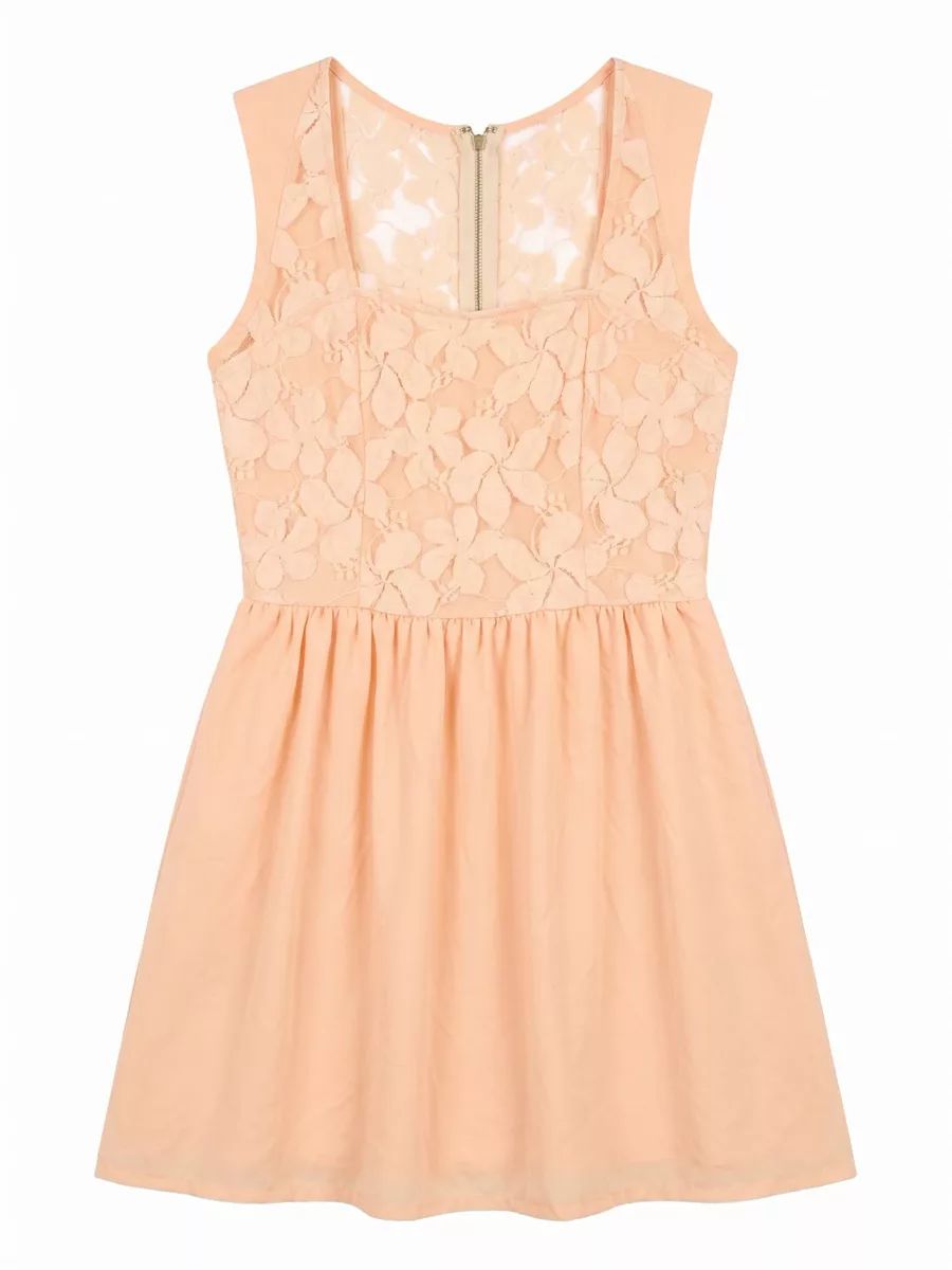 Peach lace dress on a white background after AI flat lay generation