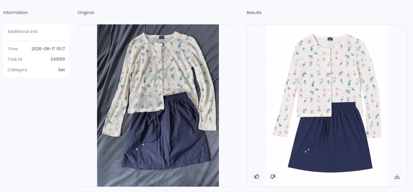 Snappyit task details page showing the original garment image and generated flat lay results
