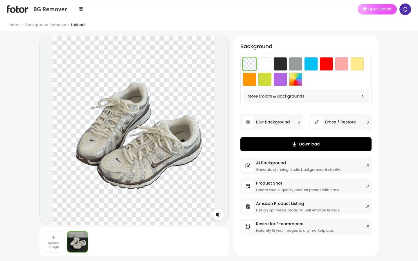 The Fotor BG Remover workspace, with background colour swatches, Blur Background and Erase or Restore, a Download button, and AI Background, Product Shot, Amazon Product Listing and Resize for E-commerce listed below it