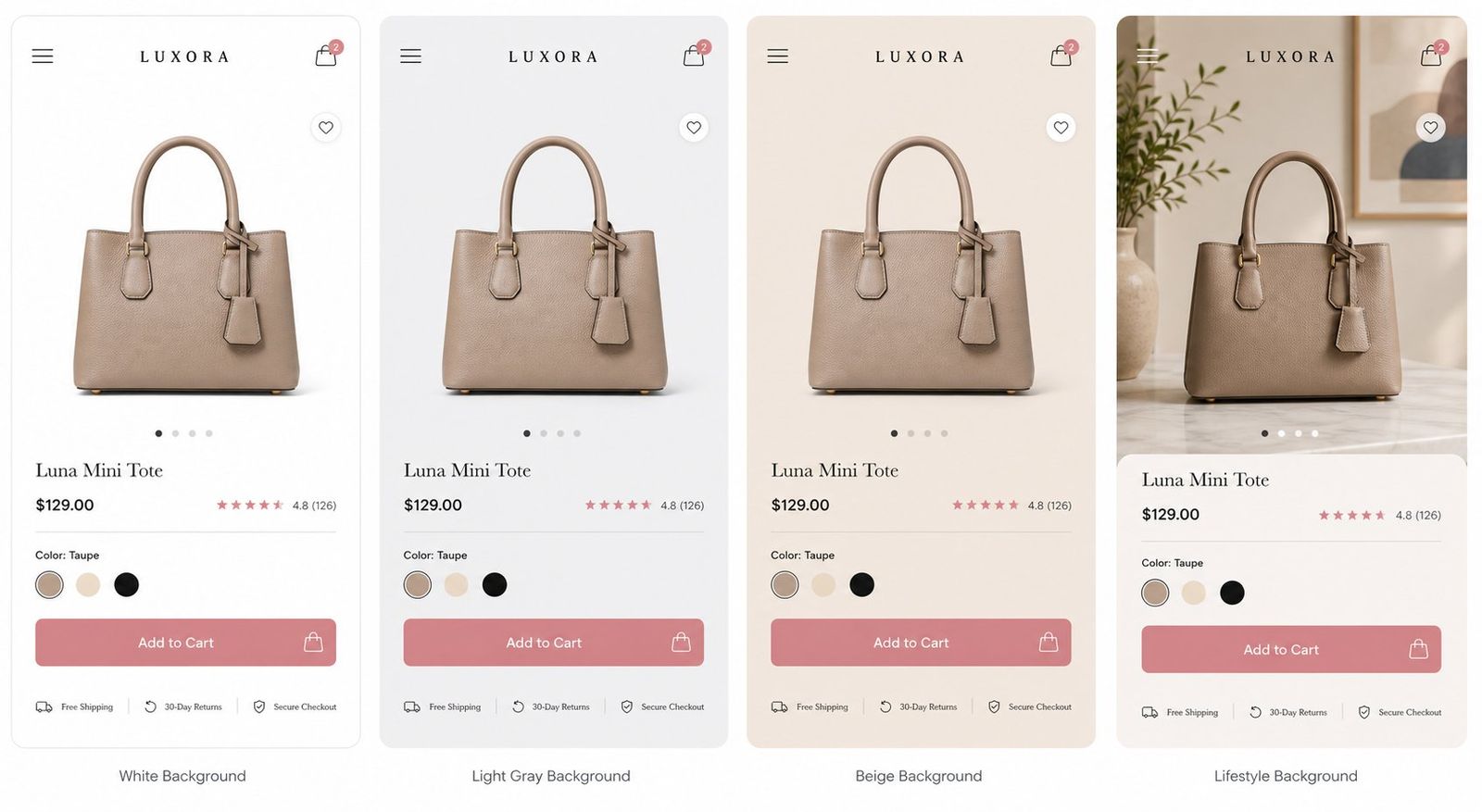 The same handbag listing shown on white, light-gray, beige and lifestyle backgrounds — what a clean free cutout lets a seller do