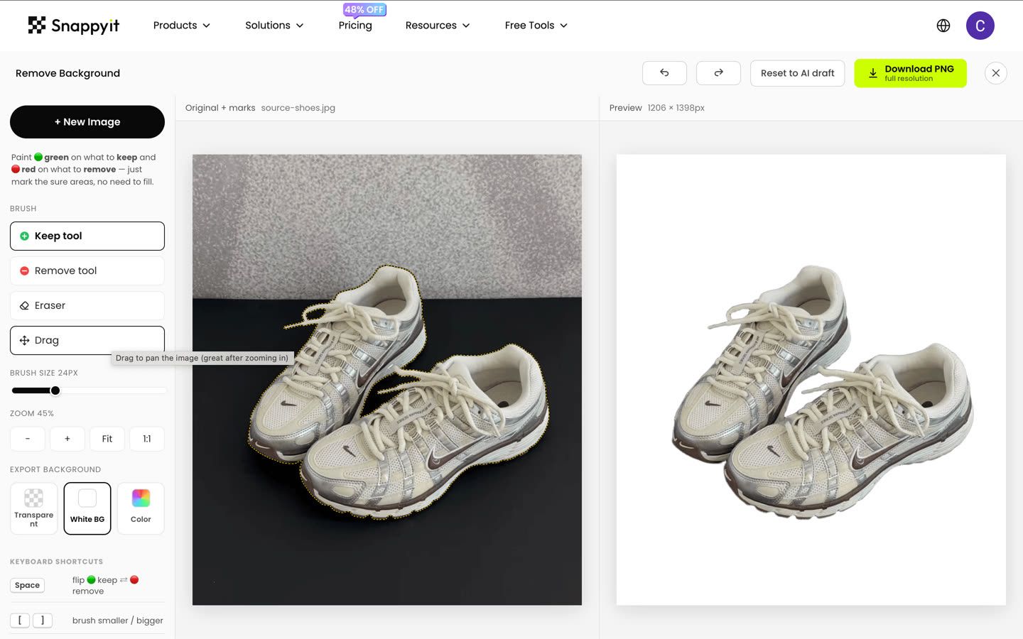 The Snappyit Remove Background workspace, with the Keep and Remove brushes on the left, the detected outline in the middle and the preview on the right