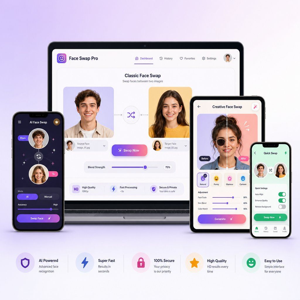 ferramentas gratuitas de troca de rostos abrangem navegadores da Web e aplicações móveis, cada um com diferentes pontos fortes e limites de nível gratuito