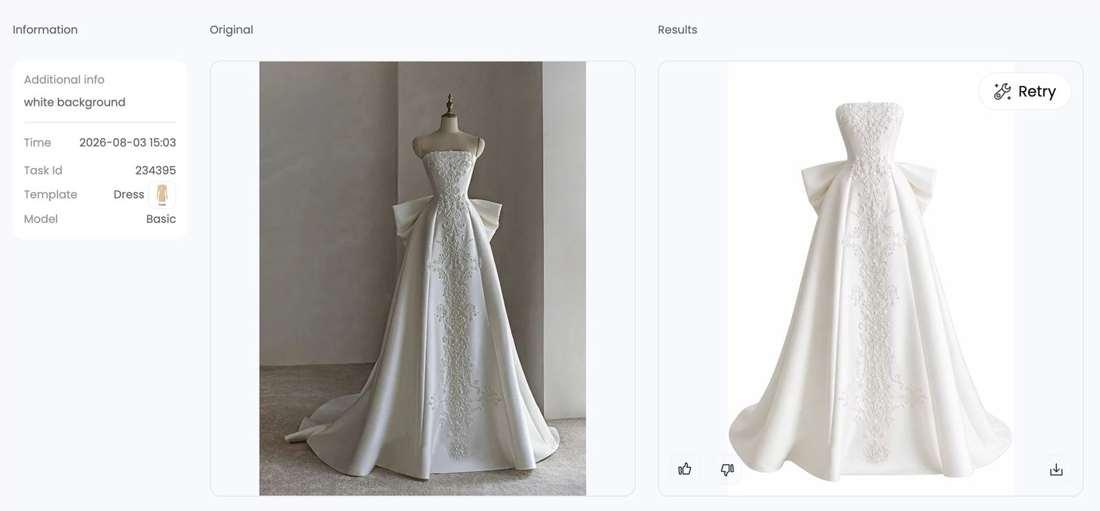 Snappyit ghost mannequin test for an embroidered wedding dress on a mannequin