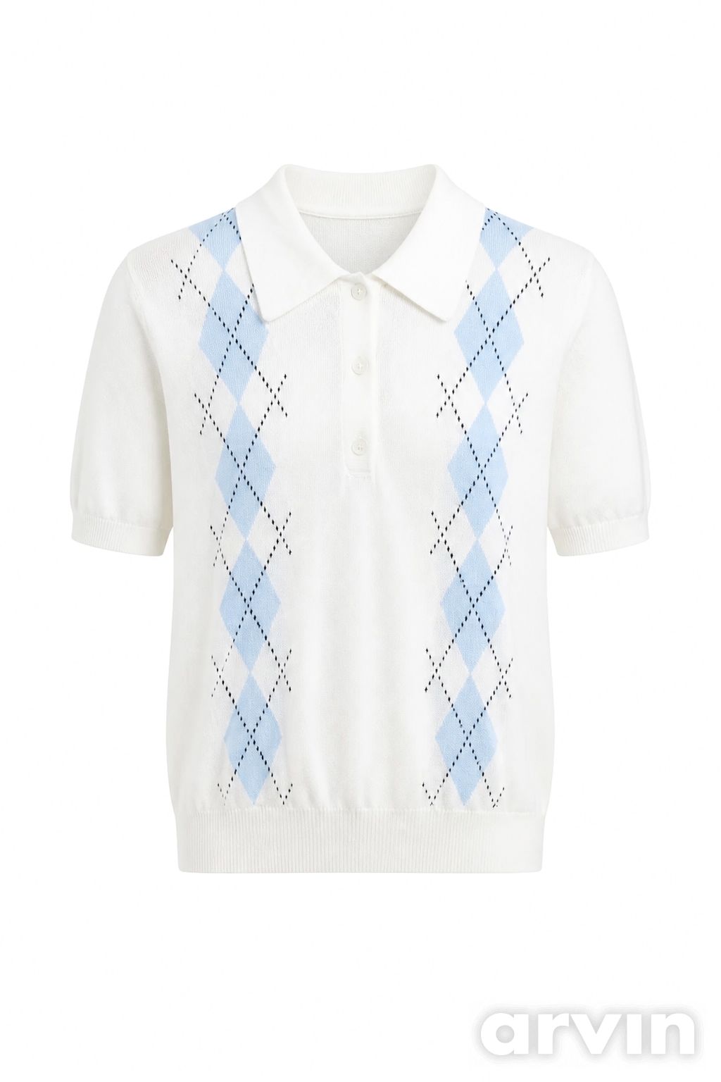Arvin ghost mannequin result for the argyle knit polo with an Arvin watermark