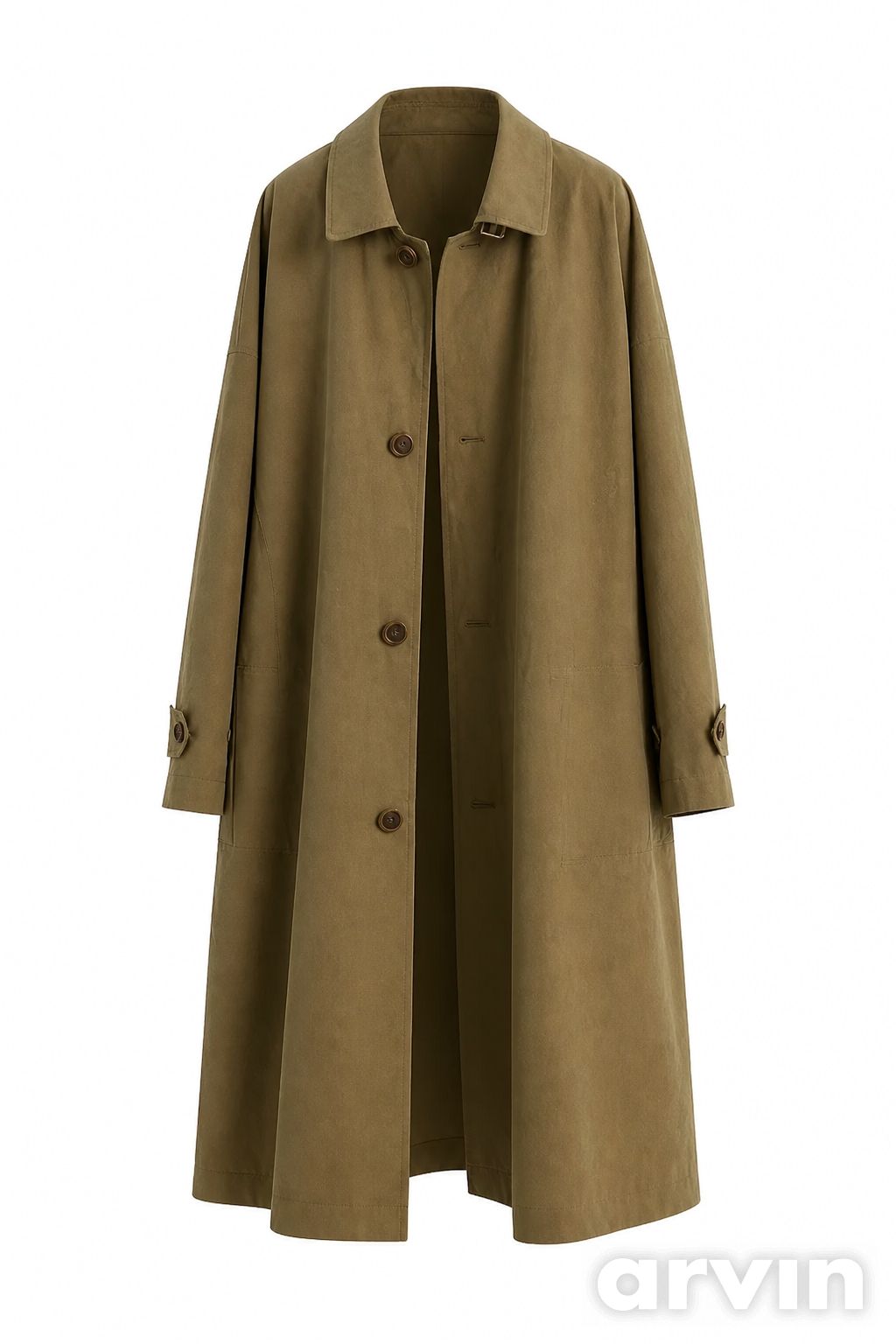 Arvin ghost mannequin result for the khaki trench coat with an Arvin watermark