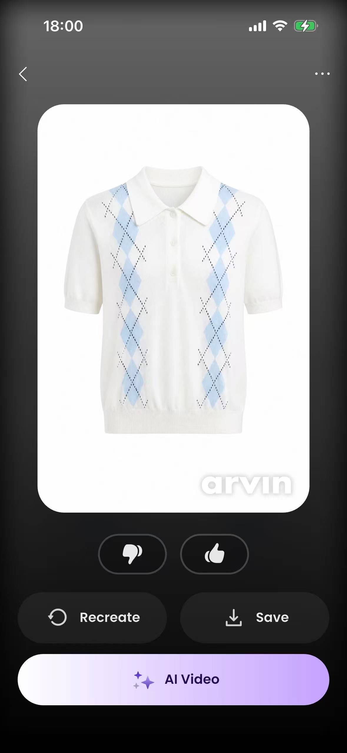 Arvin Ghost Mannequin result screen showing the generated knit polo