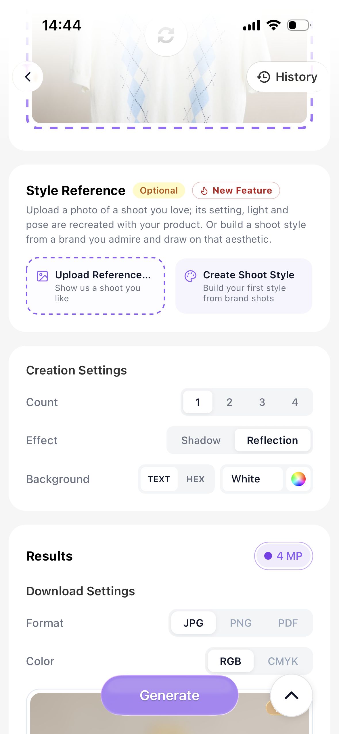 Diress product photo setup with style reference controls