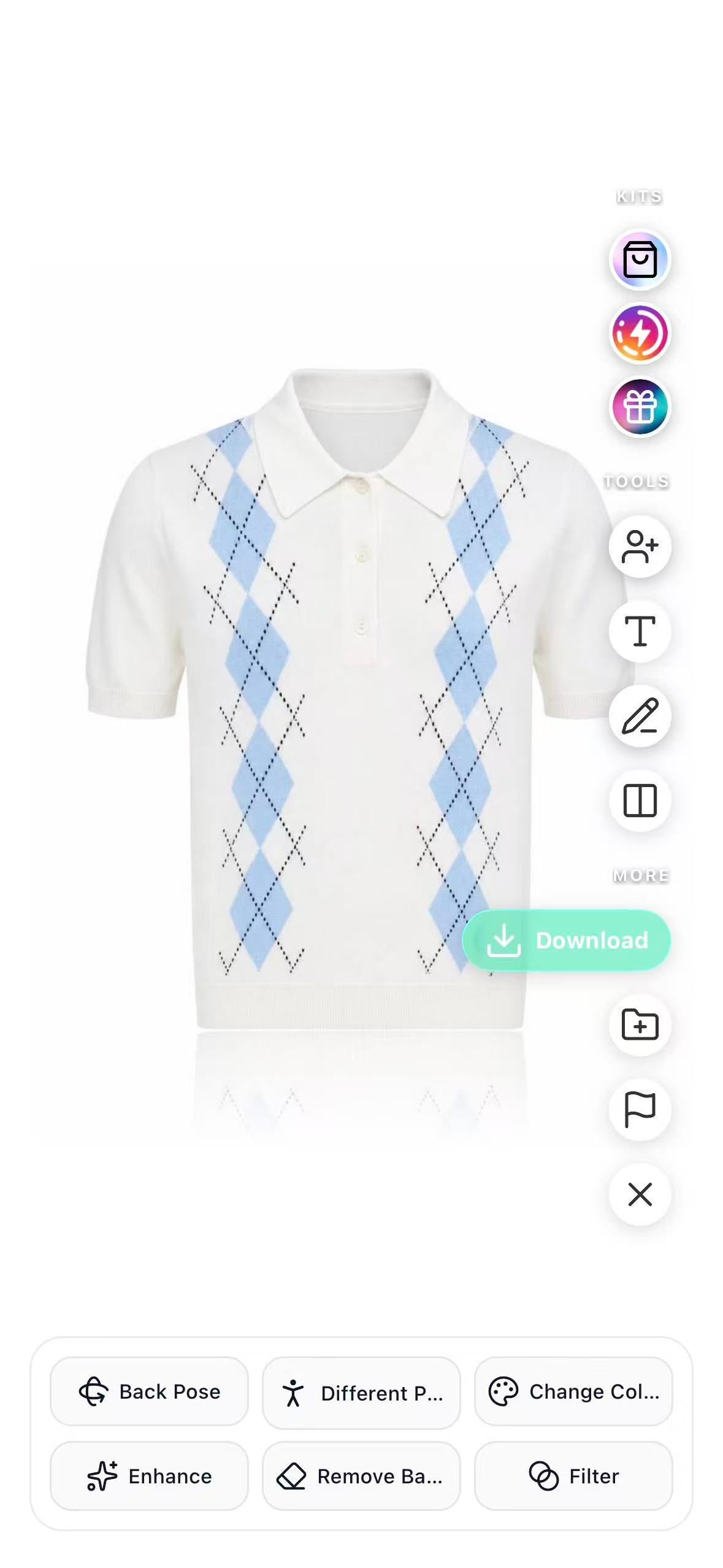 Diress result screen showing the generated ghost-mannequin-style knit polo