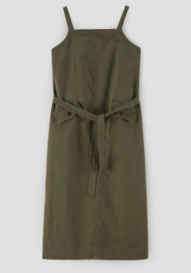 Original product photo of an olive green belted slip dress