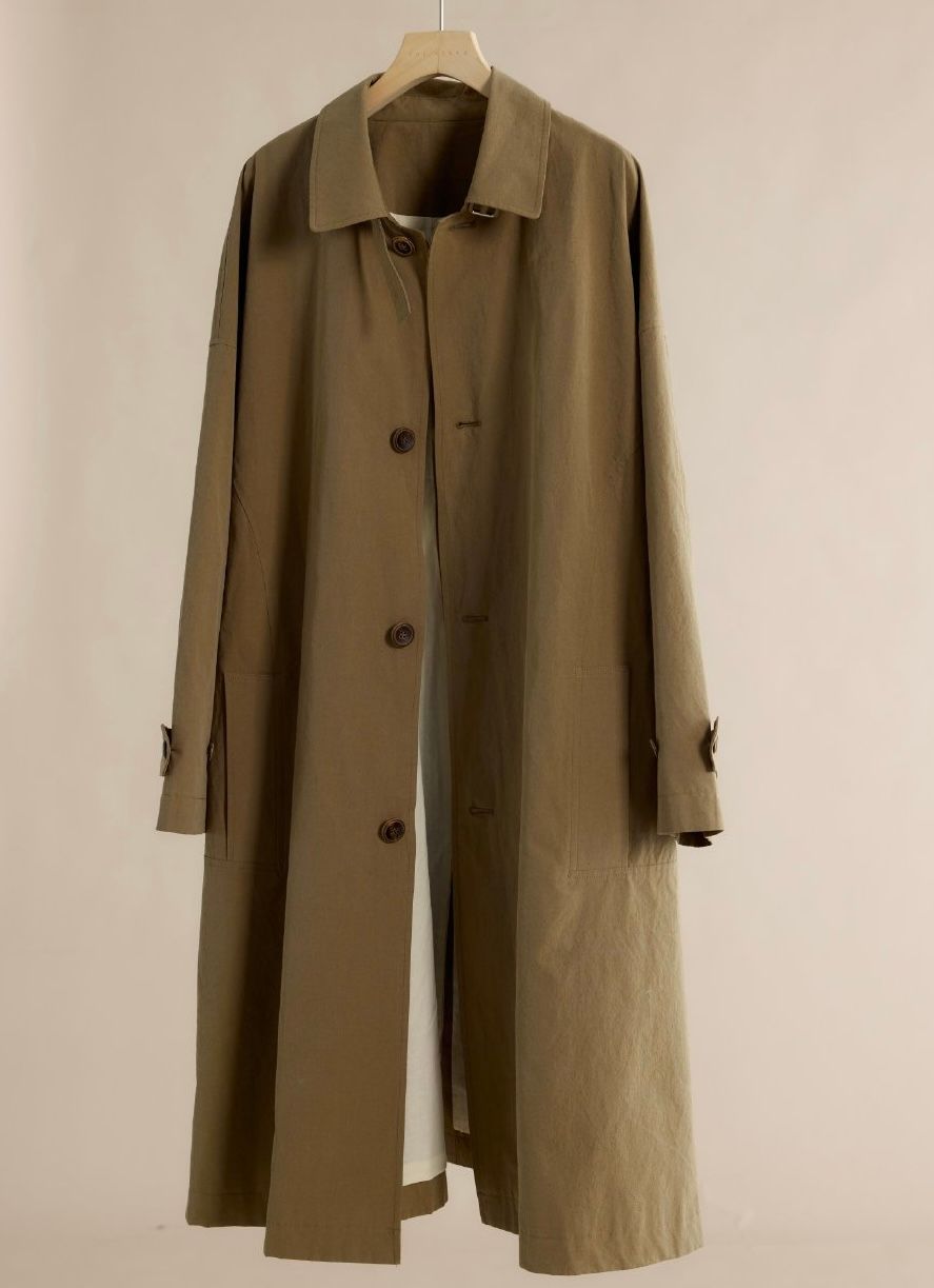Original hanger photo of a khaki long trench coat