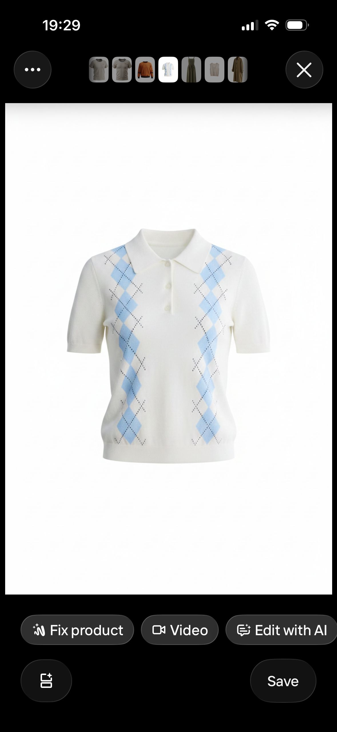 Photoroom Ghost Mannequin result screen showing the generated knit polo
