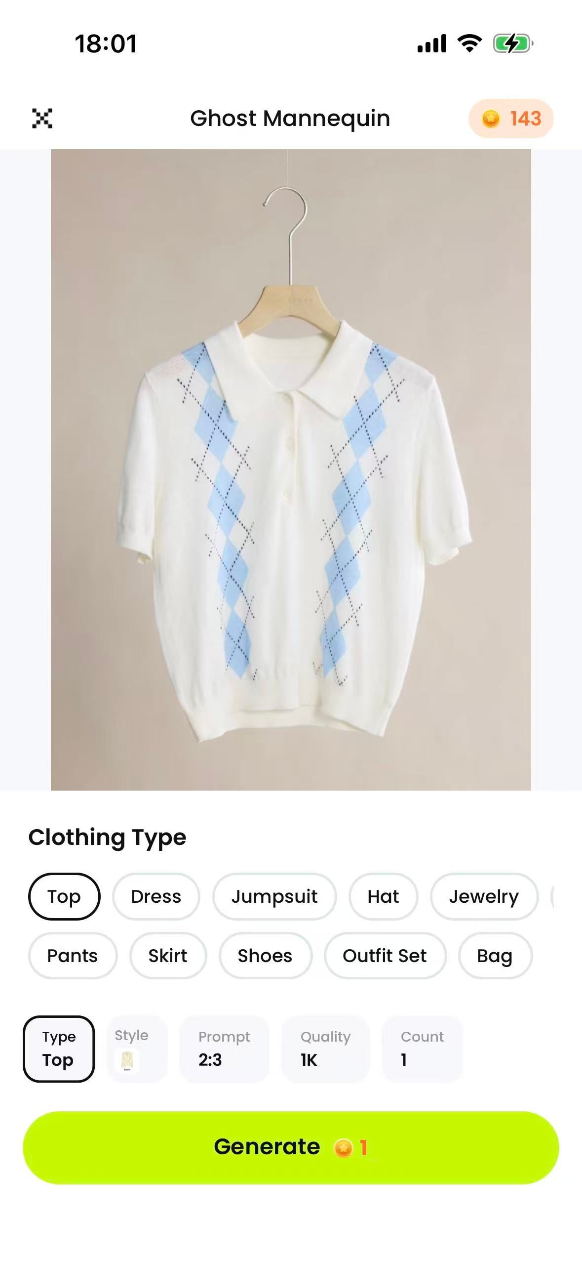Snappyit Ghost Mannequin setup with an uploaded knit polo