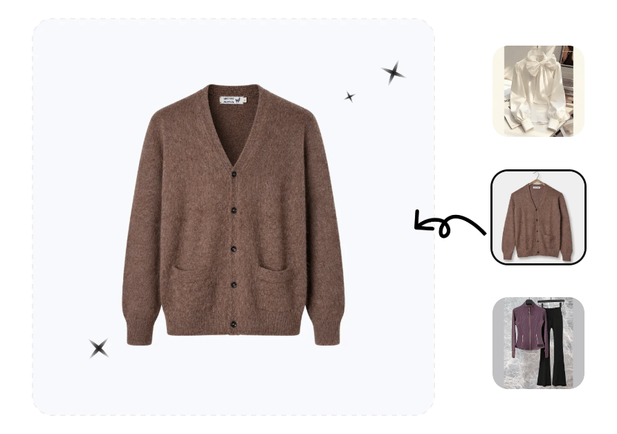 A knitwear ghost mannequin workflow example showing source garment photos and the finished cardigan image