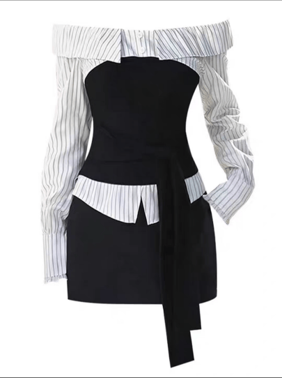 Black and striped dress shown in a structured invisible mannequin view