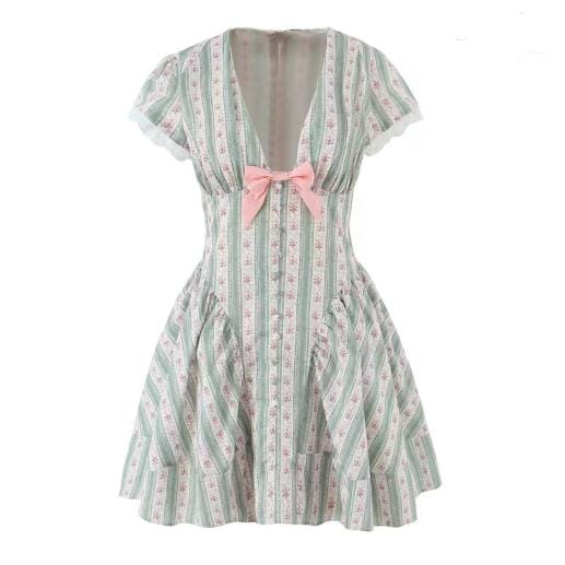 Floral dress with a visible hollow neckline and natural skirt volume