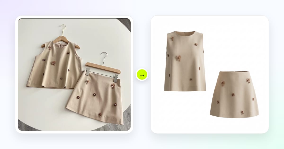 Beige clothing set before and after the mobile Ghost Mannequin workflow