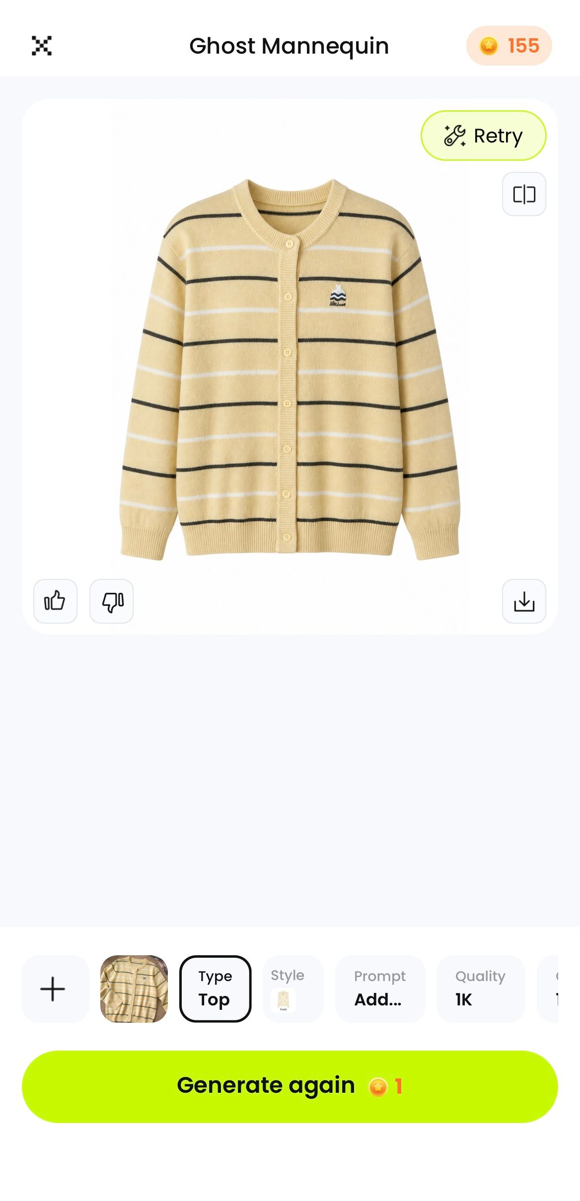 Generated yellow cardigan displayed in the Snappyit Ghost Mannequin mobile workspace