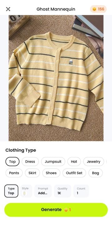 Snappyit mobile settings screen showing an uploaded cardigan and clothing type choices