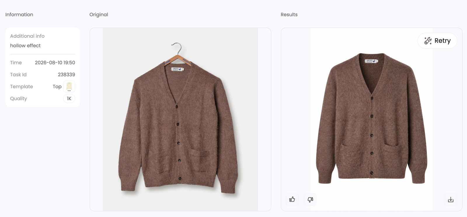 Matched cardigan hanger input and AI ghost mannequin result