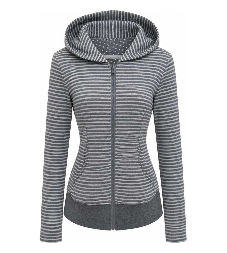 Ghost mannequin composite of the striped hoodie with stripes aligned and hood lining intact