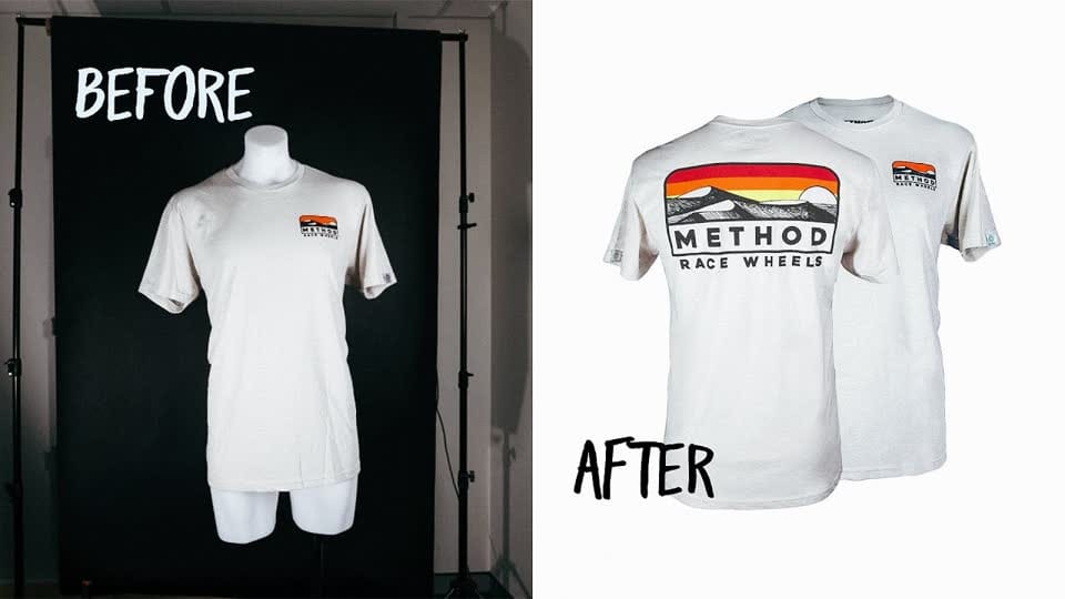 Before and after of a t-shirt shot on a mannequin and finished as a ghost mannequin composite