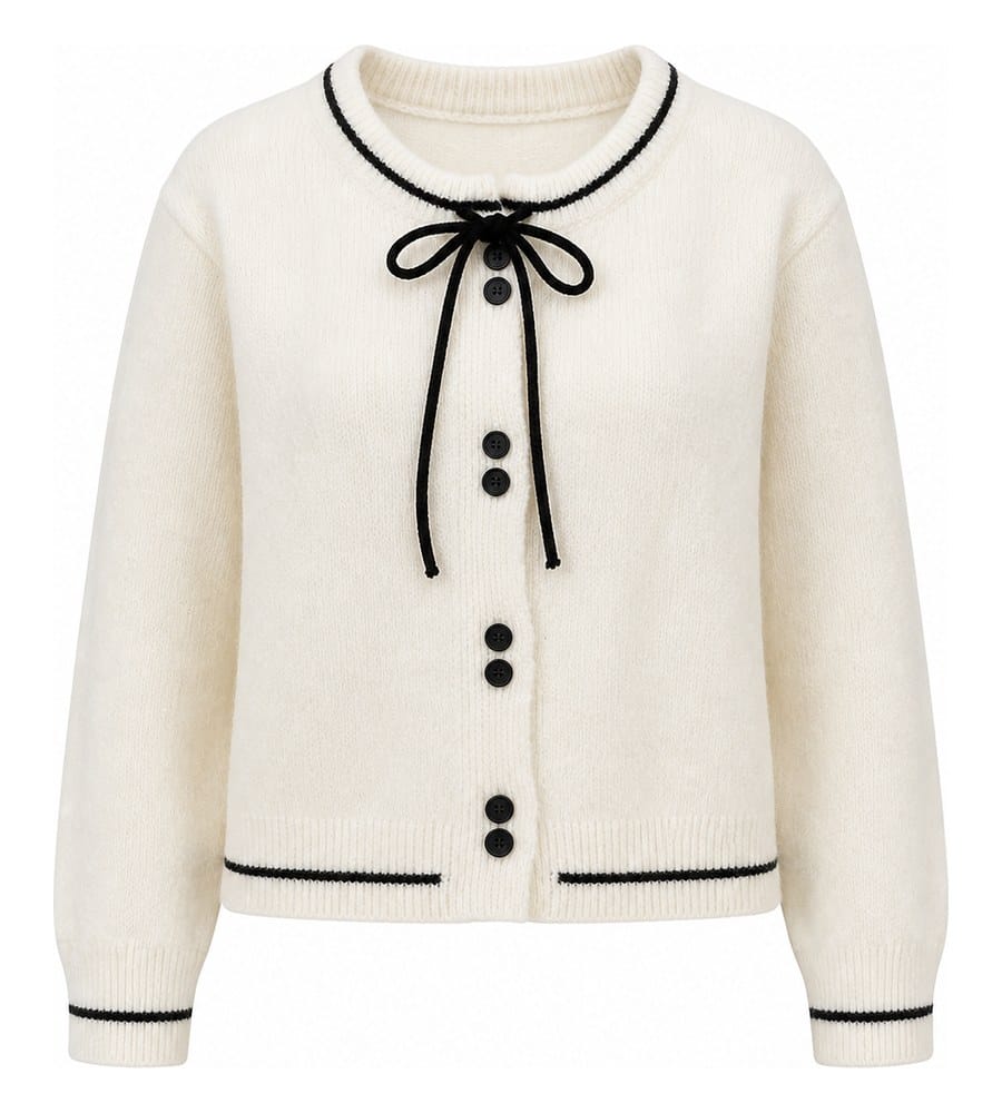Ghost mannequin composite of the white cardigan with black ties and trim preserved