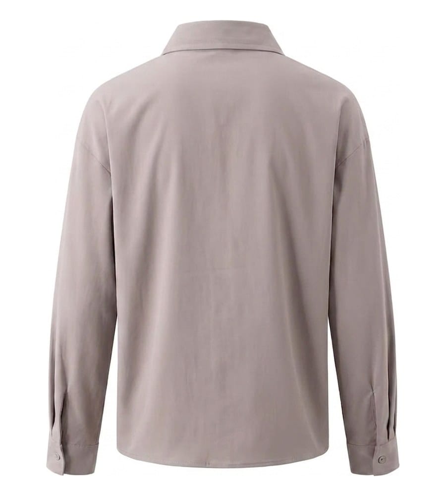 Ghost mannequin back view of the taupe shirt, yoke and cuff pleats visible